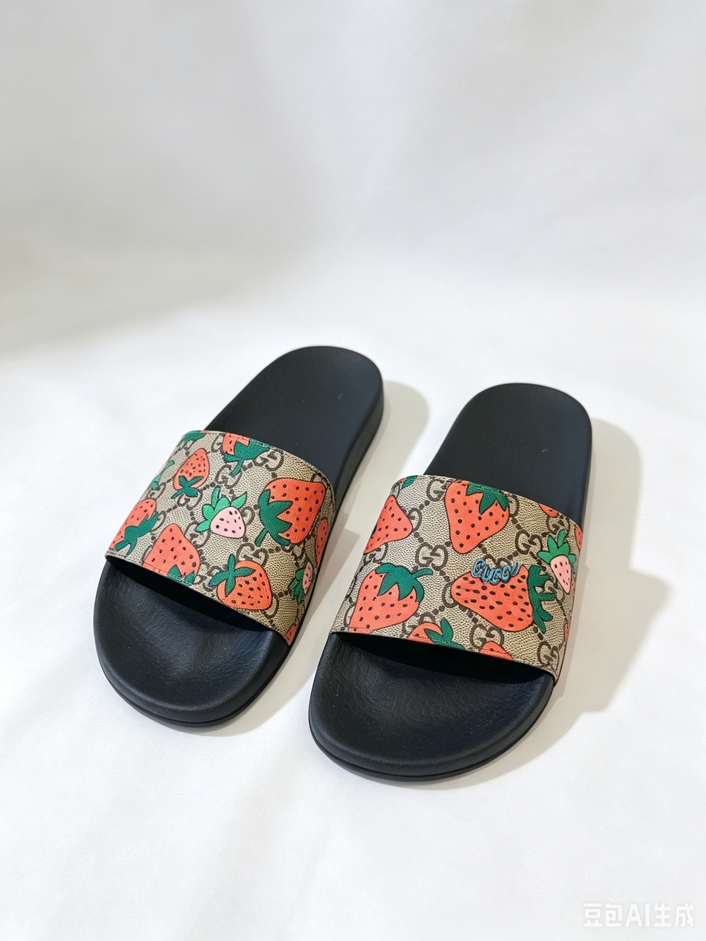 Gucci Strawberry GG Slide Sandals in Black and Coral